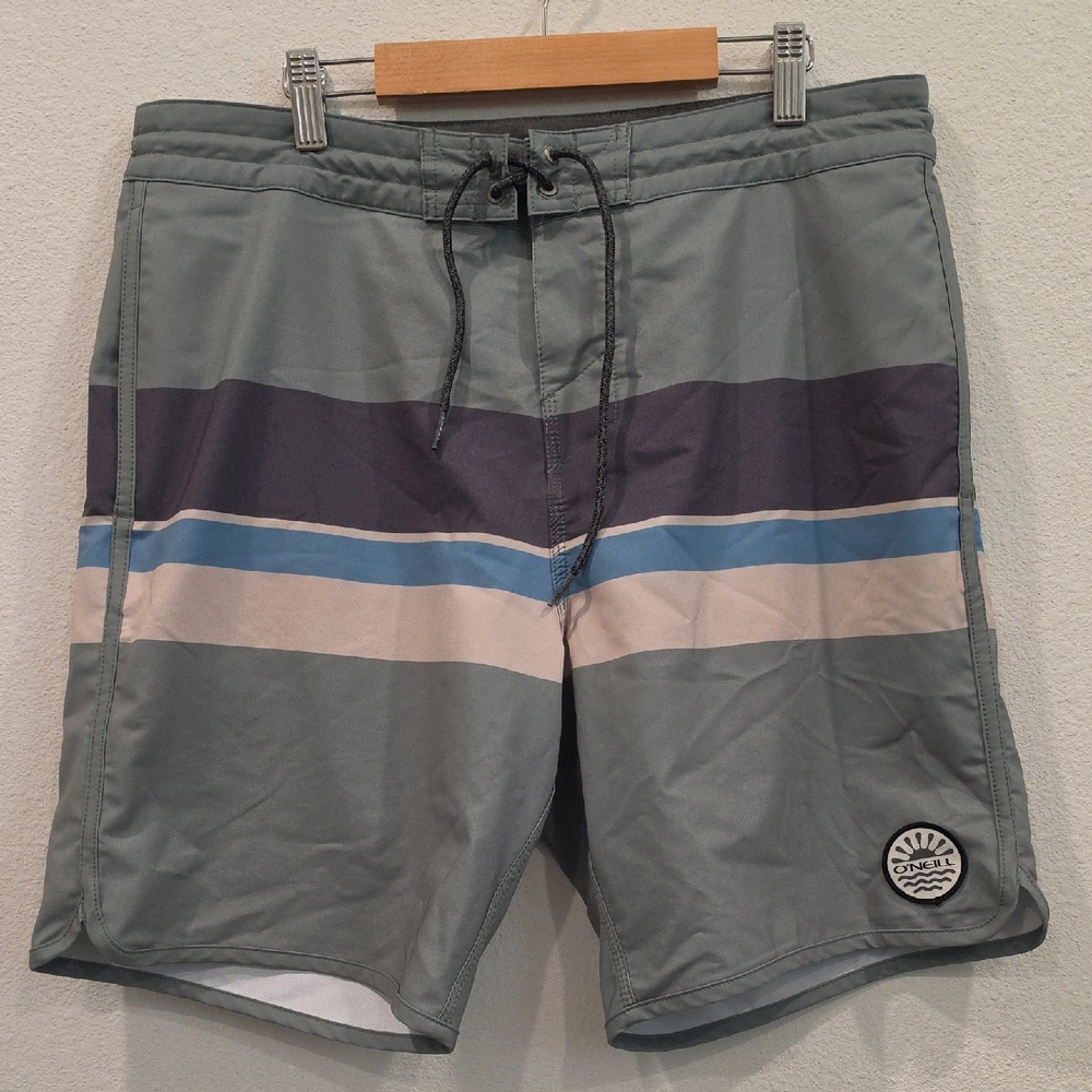O'Neill Cruzers Sage Green Boardshorts with Grey, Blue & Tan Stripes